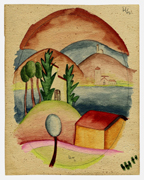 [Watercolor by Hermann Hesse, low resolution, HH-Quadretto 1b, included in Press Release by Museo.  No copyright restriction stated. HHP] 