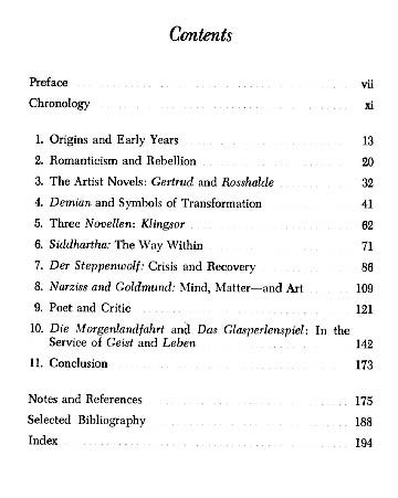 [Table of Contents, G.W. Field Hermann Hesse 1970]